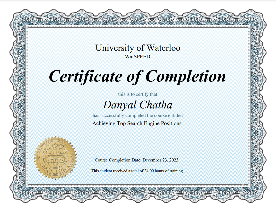 Top Search Engine Positon Certification from University of Waterloo